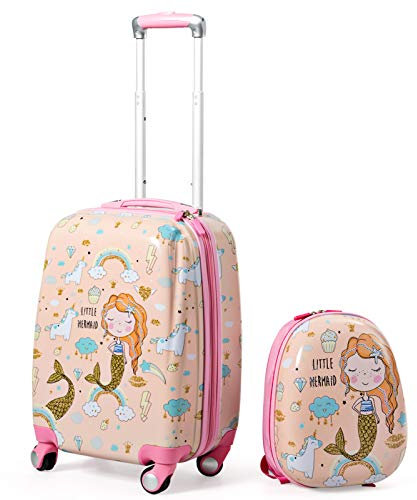 RELAX4LIFE Valise Enfant à roulettes 18 & Sac à Dos de 12 en ABS Étanche, Trolley à roulettes avec Poignée à Porter Réglable et Ceinture élastique pour Voyage, Hôtel, École (Sirène de rêve)