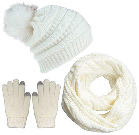 CheChury Damen Kombi Set Schal Mütze Set Loop Schal Gestrickt Beanie Strickmütze Fleece Bommelmütze Pompon Touchscreen-Handschuhe Strick mit Kreis Geschenkset für Frauen,Weiß