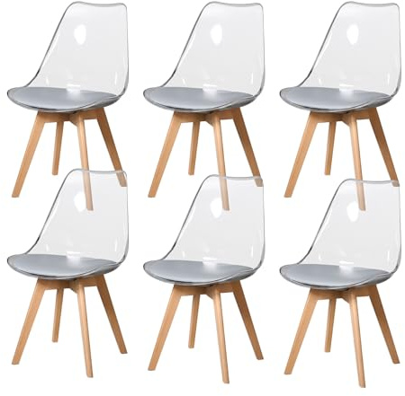 BenyLed Juego de 6 sillas de Comedor de Estilo escandinavo, diseño Retro, sillas Laterales de acrílico Transparente, Silla de Cristal con cojín tapizado de PU, Gris