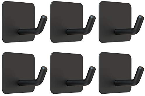 VIS'V Ganchos adhesivos, ganchos de pared autoadhesivos negros, de acero inoxidable, resistentes al agua, para ducha, ganchos adhesivos para baño, cocina, sala de estar, caravana, 6 unidades