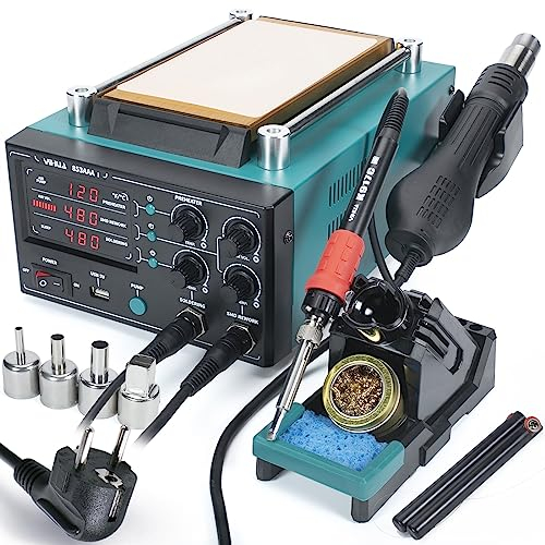 YIHUA 853AAA-I Stazione di Rilavorazione con Saldatore, Pistola ad Aria Calda e Separatore per Schermo LCD con Pompa a Vuoto 3-IN-1 e Porta USB da 5V.