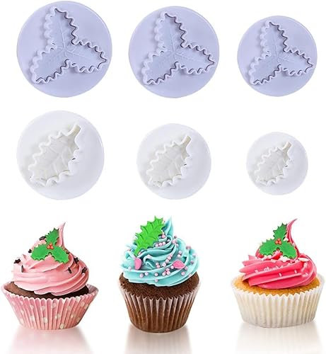 6PCS Christmas Fondant Moulds Holly Leaf Plunger Cutter Holly Leaf Shape Cookie Cutters Cookie Fondant Mold for DIY Baking Cooking Decorations