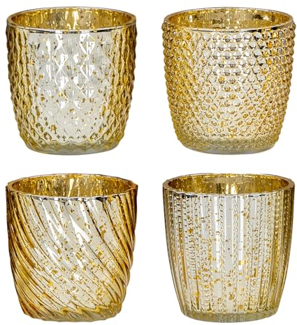 levandeo 4er Set Windlicht H9cm Glas Gold Teelichthalter Tischdeko Kerzen Retro Kerzenhalter Mercury Glas Tischdeko Deko