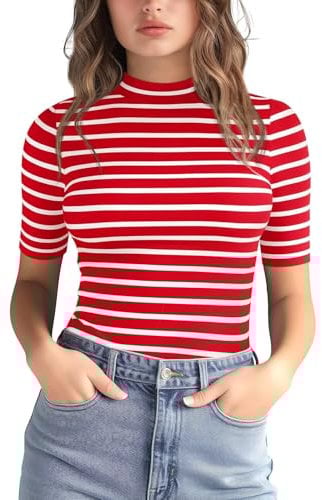 Zengjo Breton Tops Womens Stripe Half Sleeve (Red White Striped,XL)
