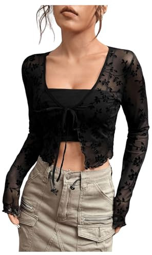 GORGLITTER Women's Sheer Mesh Tie Front T Shirt Long Sleeve V Neck Tee Sexy Crop Tops Lightweight Cardigan Black L