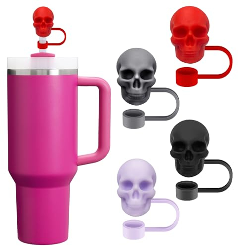 4 Pack Halloween Skull Straw Topper Goth Straws Cover Cap for Stanley Cups Drinking 30oz 40oz Tumbler Toppers Halloween Decoration
