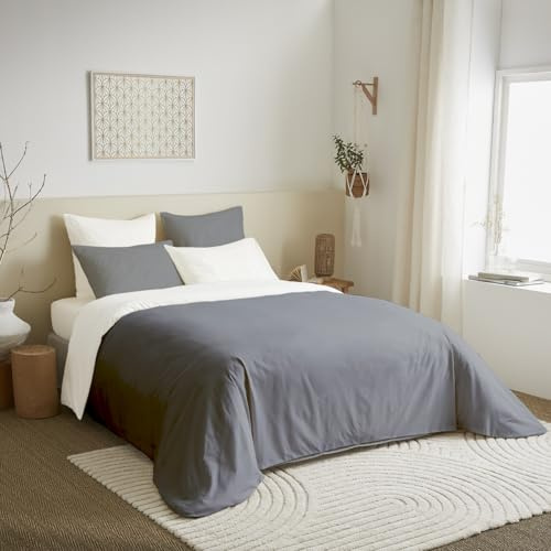 univers decor Pack Complet 6 pièces 240 x 220 cm Bicolore et réversible pour lit 2 Places 160 x 200 cm 100% Coton / 57 Fils/cm² (Anthracite/Blanc, Pack 6 pièces 240 x 220 lit 160 x 200 cm)