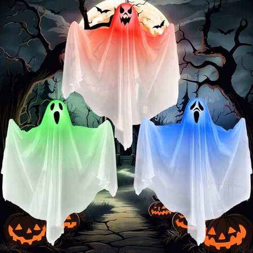 FAMKEEP Pack 3 Stück Halloween Deko Hängender Geist,65CM Fliegender Leuchtenden Geist,Weißer Geist Hängedekoration, für Garten Dekorationen Hof Outdoor Decor Halloween Party Supplies