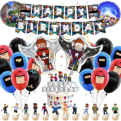 Luclay Rob Ballon 48pcs Gamer Party Dekorationen, Rob-lox Geburtstagsdekorationen, Partyzubehör, Happy Birthday Banner, Latexballons, Cake Toppers für Jungen Kinder Geburtstag