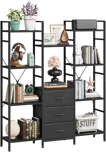 OYRREU 120W x142Hcm Bücherregal mit 4 Stoffschubladen, Standregal Bücher Regal Küchenregal für Wohnzimmer Büro Balkon Bookshelf Kitchen Storage Shelf Lagerregale Bookcase, Metallregal Retro Schwarz