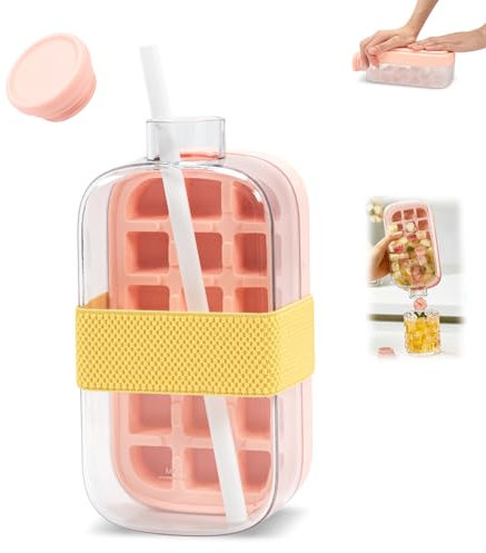 Ice Cube Tray - Botella de agua 2 en 1, mini bandeja de cubitos de hielo con paja, cubitera con tapa, molde para cubitos de hielo con tapa, botella no tocar, para congelador, café, bebidas 800 ml