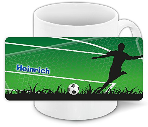 Tasse mit Namen Heinrich und grünem Fußballer-Motiv für Jungs - Tasse für Kinder Keramiktasse