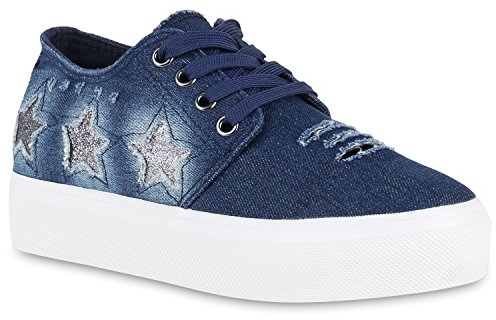 stiefelparadies Damen Plateau Sneaker Prints Plateau 90s Look Sneakers Stoff Schnürer Prints Blumen Lack Schuhe 137563 Dunkelblau Carlton 37 Flandell