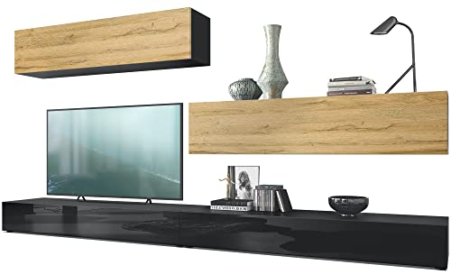 Vladon Wohnwand Nublo, Made in Germany, Anbauwand mit Rückwand mit 2 Klappen und 2 Sockelelementen, Korpus Schwarz matt, Fronten Schwarz Hochglanz und Eiche Natur (280 x 147 x 39 cm)