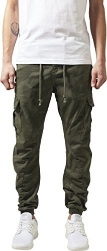 URBAN CLASSICS Pantalón jogging Camo Cargo con bolsillos de parche laterales y traseros, ajuste holgado, estampado camuflaje, cintura cordón, puños elásticos, color Verde Camo, talla 44