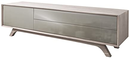 modernes TV-Board TROMSO aus massiven Akazien-Holz | 180x45x50 braun-Creme lackiert mit Glasfront | 1 Tür, 2 Fächer, 2 Schubladen, Einlegeboden herausnehmbar