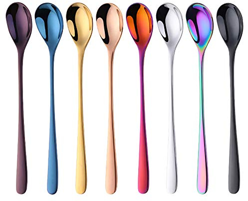Bisda - Cucchiai da cocktail per latte in acciaio inox, manico lungo, cucchiaini da gelato, 8 pezzi, 8 pezzi, 8 colori