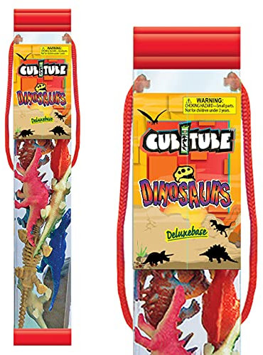 Cubitube - Dinosaurios de Deluxebase. Colección de 10 Piezas de Figuras pequeñas del jurásico y Accesorios. Tubo de Almacenamiento de plástico Reutilizable de Mini réplicas prehistóricas