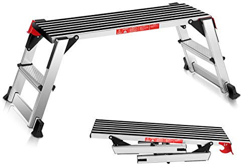 DREAMADE Arbeitsplattform Alu, Arbeitsbühne Klappbar, Klapptritt Trittleiter mit Anti-Rutsch Design und Sicherheitschloss, Gerüstleiter Stufentritt Trittbank max. 150 kg belastbar