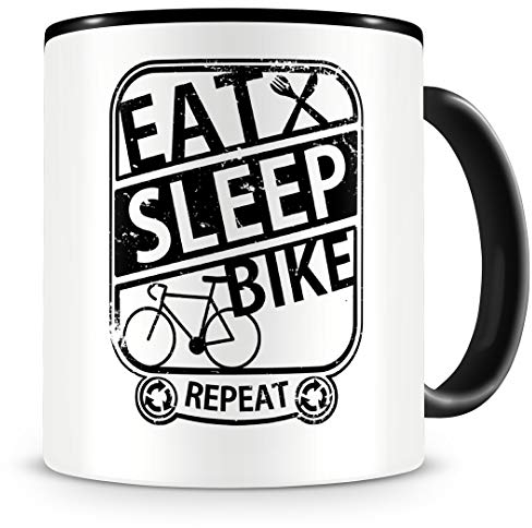 Samunshi® Rennrad Tasse mit Spruch Eat Sleep Bike Repeat Geschenk für Biker Kaffeetasse groß Lustige Tassen zum Geburtstag schwarz 300ml