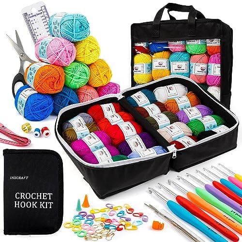 Inscraft Häkelwolle Set, 103 Stück Häkelgarn Set mit 2180yd Strickgarn in 30 Farben, Nädeln, Zubehör und Tasche, Häkelset für Kinder, Erwachsene, Anfänger, Acrylwolle zum Häkeln & Stricken