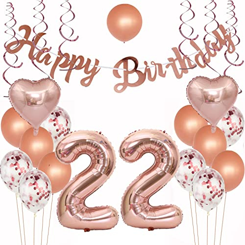 Crazy-M Geburtstagsdeko 22 Rosegold 22. Geburtstag Mädchen Frauen Luftballons 22 Geburtstag Party Deko Happy Birthday Girlande, Riesen Zahl 22 Folienballons, Konfetti Luft