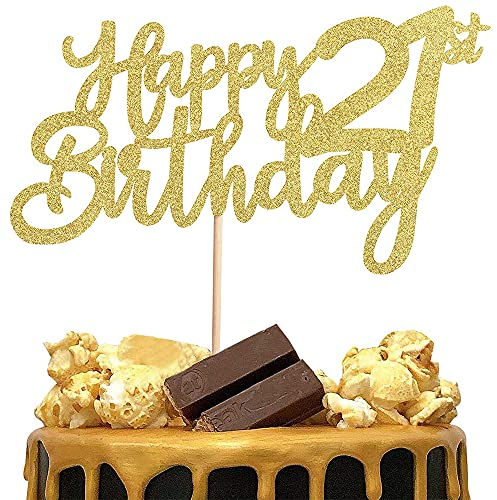 3 Stück Happy 21st Birthday Cake Topper, 21st Geburtstag Tortendeko Kuchendeko Torten Kuchen Cake Topper, Glitzer Gold Tortenstecker Girlande für Mädchen Junge Mann Frau 21 Geburtstag Party Dekoration
