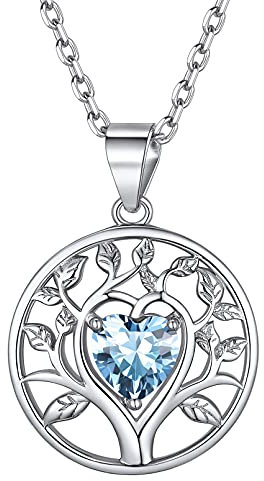 Tree of Life Pendant March Birthstone Necklace for Women Mum 925 Sterling Silver Birth Stone Jewelry