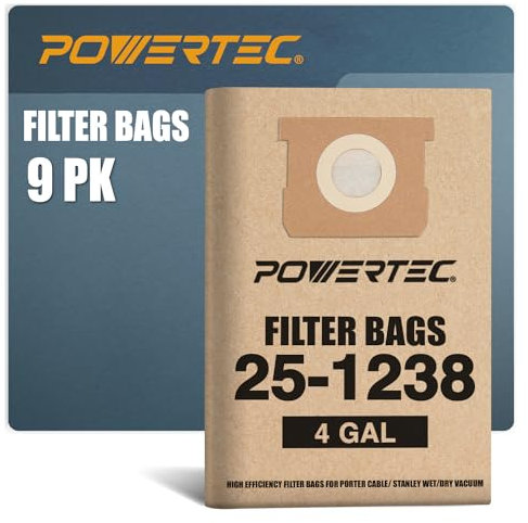 POWERTEC 75051-P3 Lot de 9 sacs filtrants pour aspirateur Stanley 25-1238, Porter Cable 4 gallons
