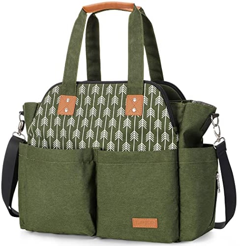 Lekebaby Baby Wickeltasche mit Wickelunterlage, 19 Taschen, Diaper Bag Bote Groß Reisewindeltasche für Mama und Papa, Multifunktions Babytasche für Reise, Grün