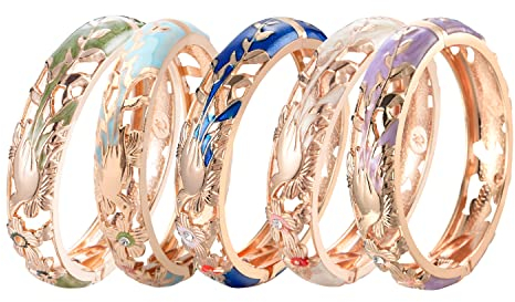 Wynameleri Armreife im Vintage-Stil, exquisite Blume, emailliert, offene Manschetten, dünnes Frauen-Armband, 3-stück, rotgold und rosa, 7.4in