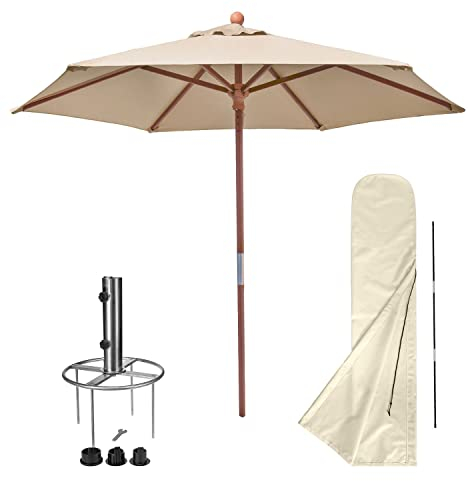 anndora Sonnenschirm 2,1 m rund dark natural + Husse Sonnenschirmschutzhülle + Rasendorn Schirmständer