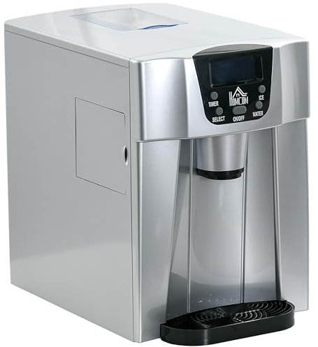 HOMCOM 3L Ice Maker Machine and Water Dispenser, 12kg in 24H, 2 Size Options 9 Ice Cubes Ready in 6-10 Mins Countertop Ice Machine for Home, Kitchen, Office, Bar, Silver