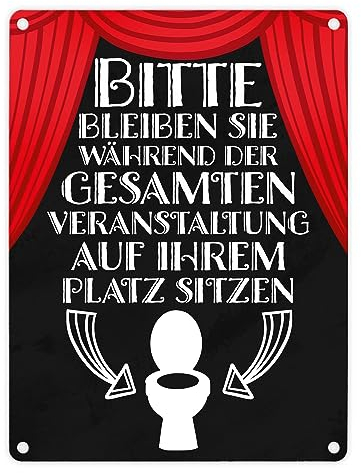 Bitte sitzen bleiben Toiletten Metallschild in 15x20 cm mit rotem Vorhang witziges Blechschild für die Toilette bitte hinsetzen lustiger Spruch Bühne mit Showvorhang und Toilette