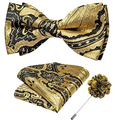 DiBanGu Black Gold Bow Ties for Men Pretied Bowtie Set with Pocket Square Lapel Pin cufflinks Wedding Party