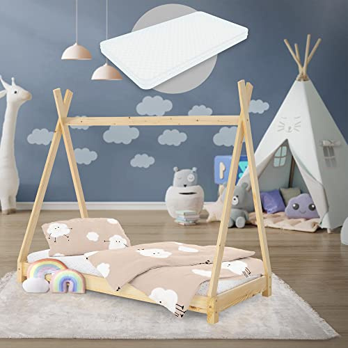 ML-Design Kinderbett Tipi 70x140 cm Natur mit Matratze & Lattenrost, Indianer Bett aus Kiefernholz, Hausbett für Mädchen & Jungen, Bodenbett Kinderhaus Jugendbett Holzbett Bettenhaus Spielbett Zelt