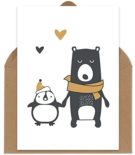 OWLBOOK Weihnachtskarte - Pinguin & Bär - Karte Postkarte Geschenkkarte mit Briefumschlag Geschenke Geschenkideen zu Weihnachten