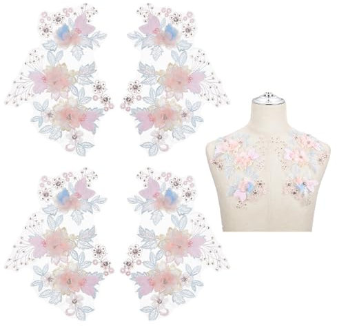 PLIGREAT 4 Stück Blumen bestickte Spitzen-Applikationen, dekorative Stoffblumen-Spitzen-Aufnäher, Nähen, Spitzenstoff-Applikationen für DIY-Brautkleid, Ballkleider, Spitzenkleid, Zubehör