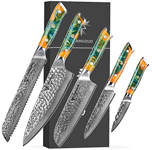 SANMUZUO Ensemble de couteaux de chef - Set de couteaux de cuisine de 5 pièces - Acier de Damas VG10 ultra-tranchant et manche en résine - Série Yao