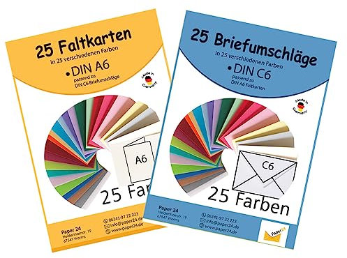 Paper24 Set, 25 bunte Briefumschläge in 25 unterschiedlichen Farben als Set im C6, dazu 25 passende Faltkarten A6