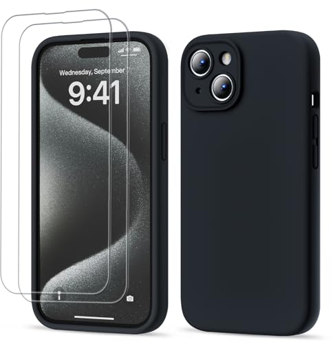 GOODVISH 3 in 1 Designed for iPhone 15 Case Premium Silicone 6.1 (2023)| Upgraded Camera Protection, 2 Pack Screen Protector, Shockproof Anti-Scratch Gel Rubber Slim Phone Case Cover, Black