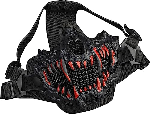 Zhongren Demi-masque de protection en maille motif tête de mort pour Halloween, fête d'horreur, paintball, chasse, Noir , 19*14cm