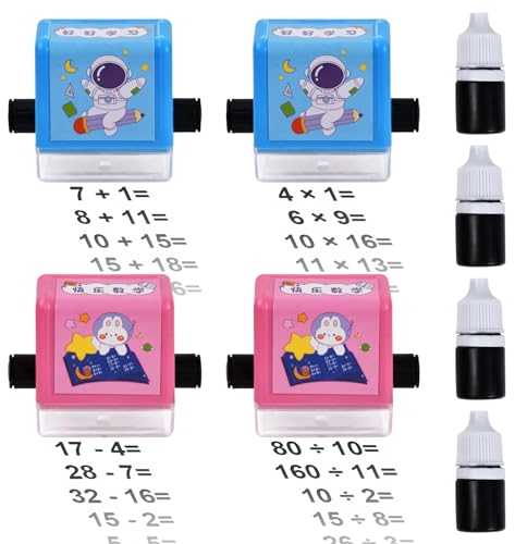 Natuce 4 Stück Roller Digitaler Lehrstempel, Mathe Stempel Roller, Rechenstempel Roller Wiederverwendbar, für Kinder Mathematische Übungen für Addition Subtraktion Multiplikation Division