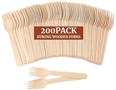 200 x Disposable Wooden Cutlery Forks [6.25 inch] Compostable, Earth Friendly and Biodegradable Utensils for Party - Free from Plastic Cutlery Set