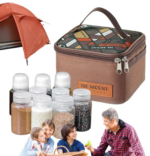Tedious Reise-Gewürzbeutel, Camping-Gewürzset, 9-teilige Streugläser mit Beutel, Teilbare Aufbewahrungstasche, Salz- und Pfefferhalter für Outdoor-Reisen, Camping, Grillen, Picknick