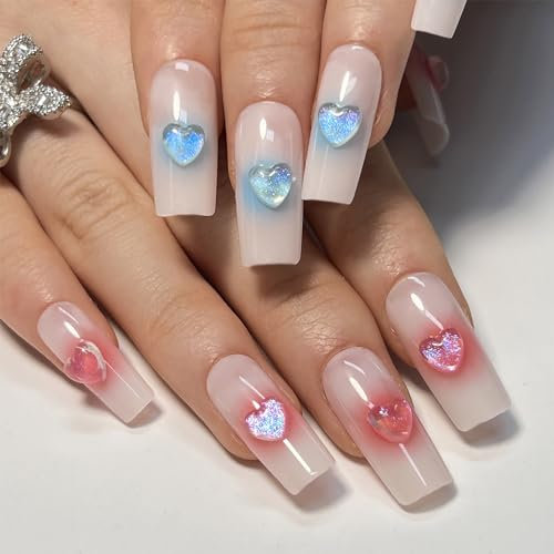 24pcs Medium Length Square False Nails With Glitter Pink Blue Heart Gem Decor - Stick-on Press-on Glue-on Fake Nail Set for Valentines Day, Women, Brides - Nail Art Accessories