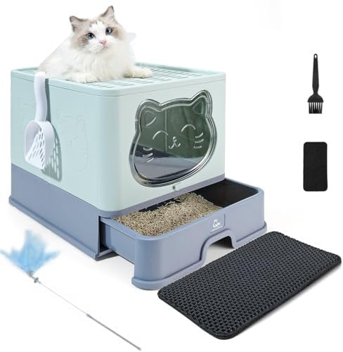 HelloMiao Caja de Arena para Gatos Completamente Cerrada con Tapa, Tipo de cajón, desodorizante, Grande, Plegable, con Pala de plástico para Mascotas, Adecuada (Azul grisáceo+Estera Negra)