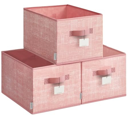SONGMICS Cajas de Almacenaje Plegables, Juego de 3 Cestas de Tela, 40 x 30 x 24 cm, Organizadores de Armario, 2 Asas, Portaetiquetas, para Dormitorio, Salón, Rosa Jalea ROB440R01