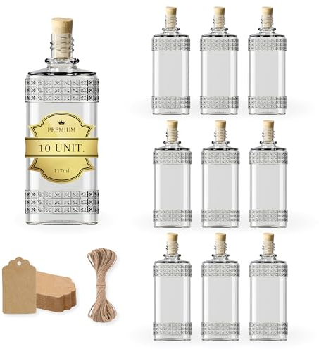 10 bottiglie in vetro vintage da 117 ml con tappo in sughero + 10 etichette Kraft + spago – Carino alcool per liquori – Campioni e souvenir – Vaso decorativo, flacone diffusore profumo vuoto