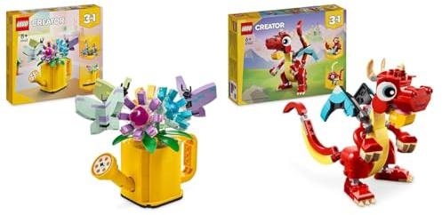 LEGO Creator 3in1 Gießkanne mit Blumen Set, Kinderzimmer-Deko & Creator 3in1 Roter Drache, Spielzeug mit 3 Tierfiguren inkl. Roter Drache